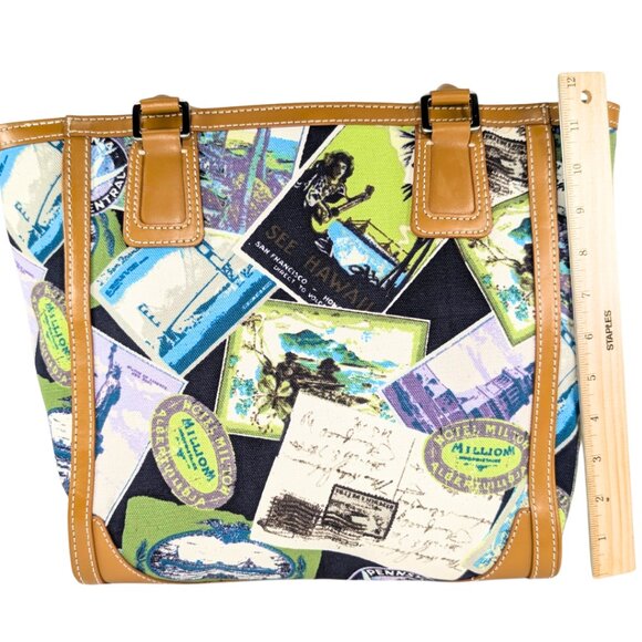 Talbots Canvas & Leather Travel Postcard Large Lined Tote Bag Novelty Passport - Picture 3 of 9